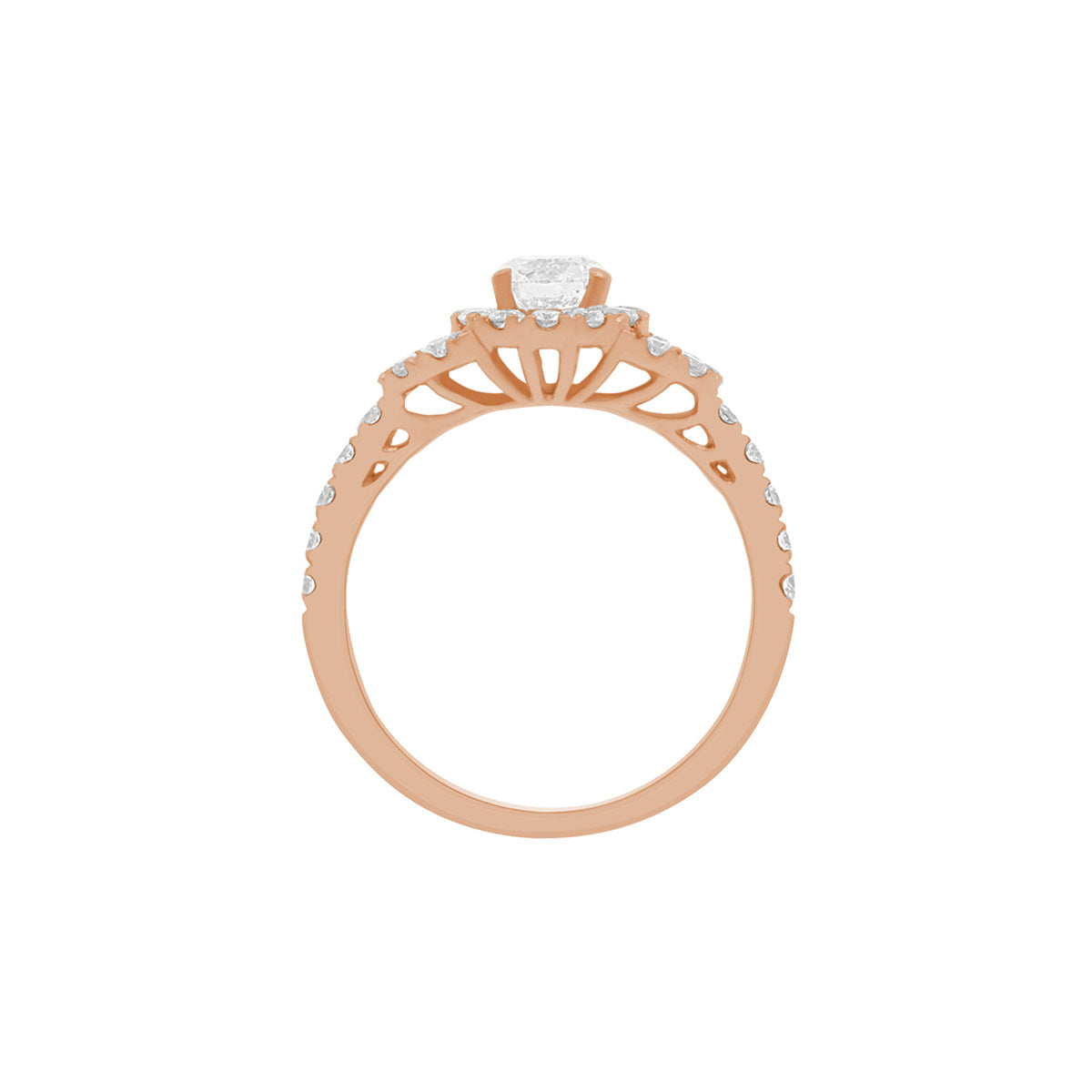 Triple Halo Engagement Ring in rose gold in an upright verticle position