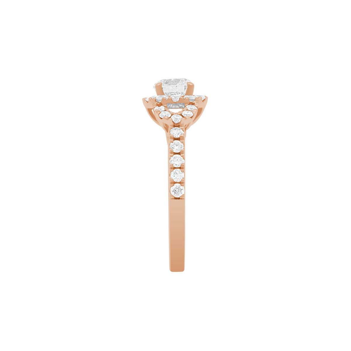 Triple Halo Engagement Ring in rose gold and in a side on position