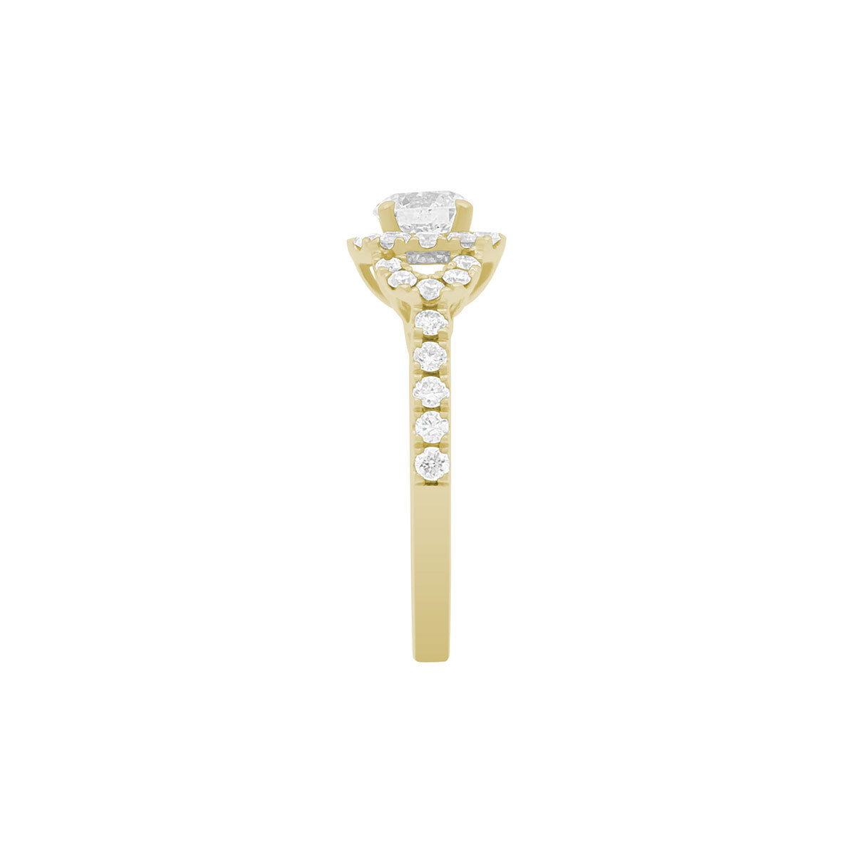 Triple Halo Engagement Ring in yellow gold in side view upright position
