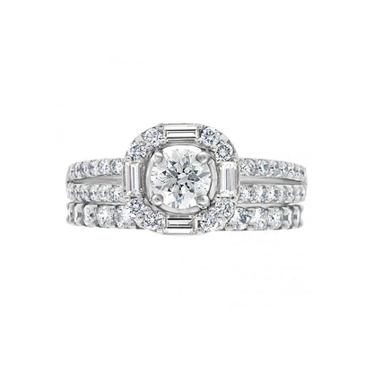 Baguette and Round Diamond Engagement Ring in white gold pictured with a diamond wedding ring