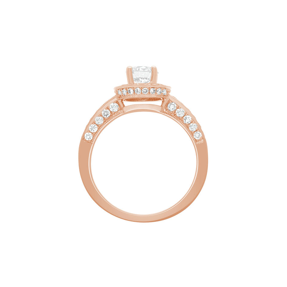 Antique Engagement Ring in rose gold standing in an upright position