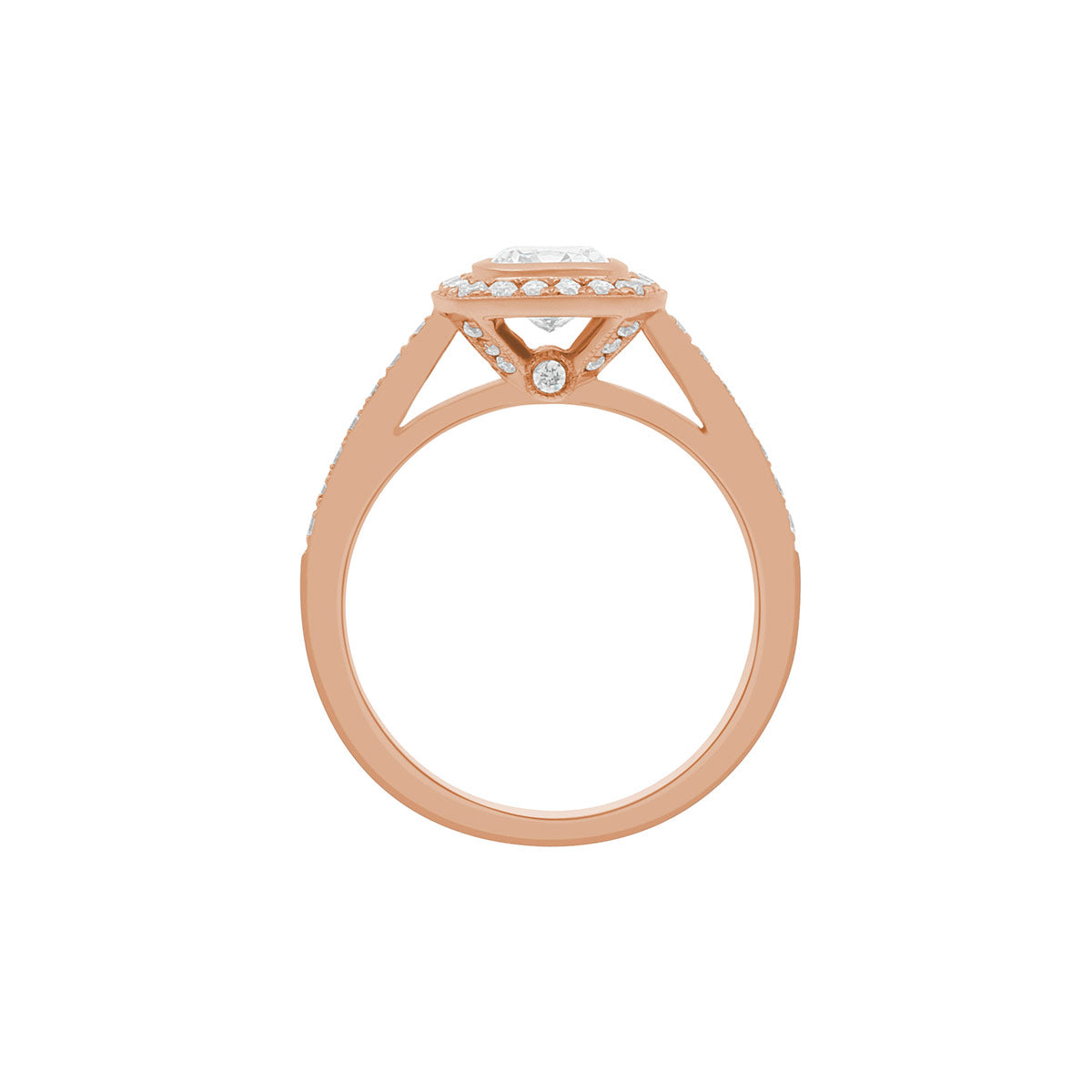 Bezel Set Cushion Cut Engagement Ring in rose gold standing upright