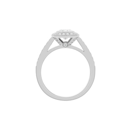 Bezel Set Cushion Cut Engagement Ring in platinum standing upright