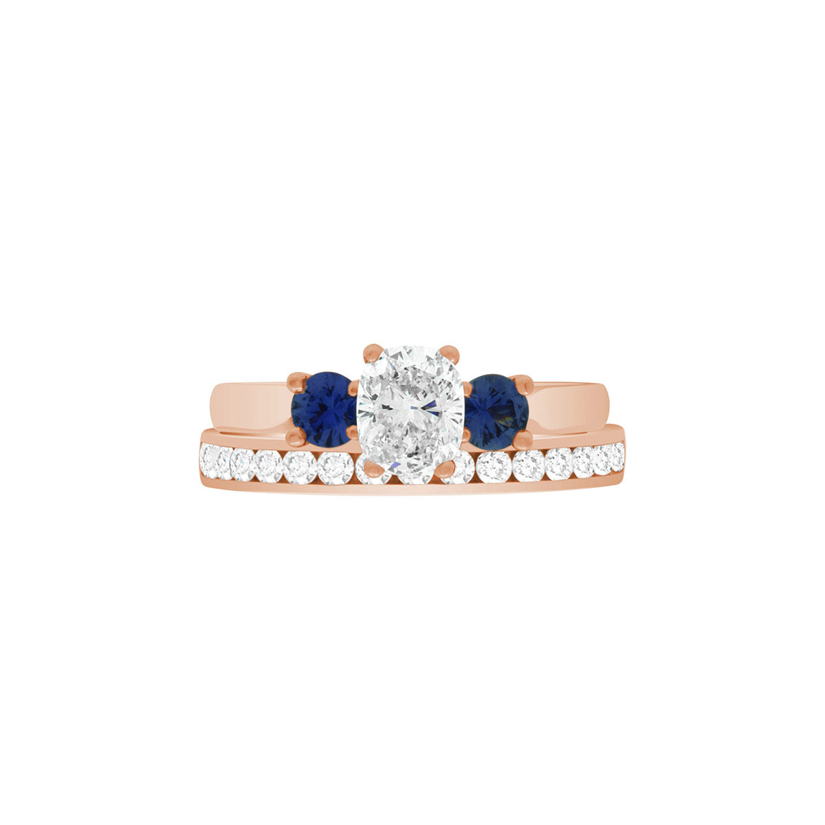 Diamond Sapphire Trilogy set in rose gold pictured with a rose gold and diamond wedding ring