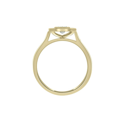 Emerald Cut Halo Ring in yellow gold in an upright position