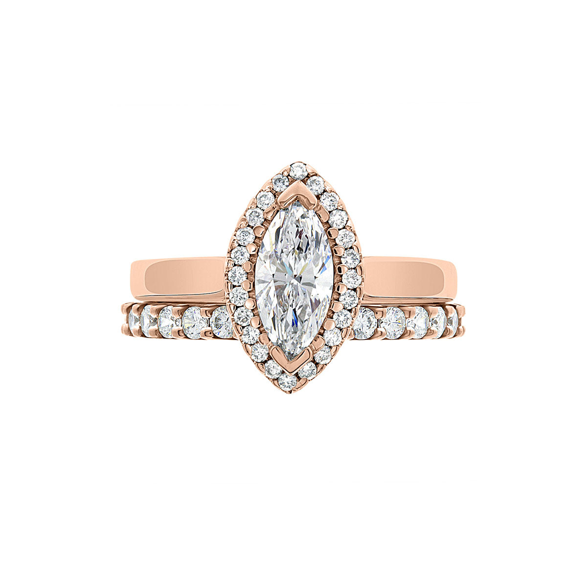 Marquise Cut Halo Ring in rose gold with a matching diamond set wedding band