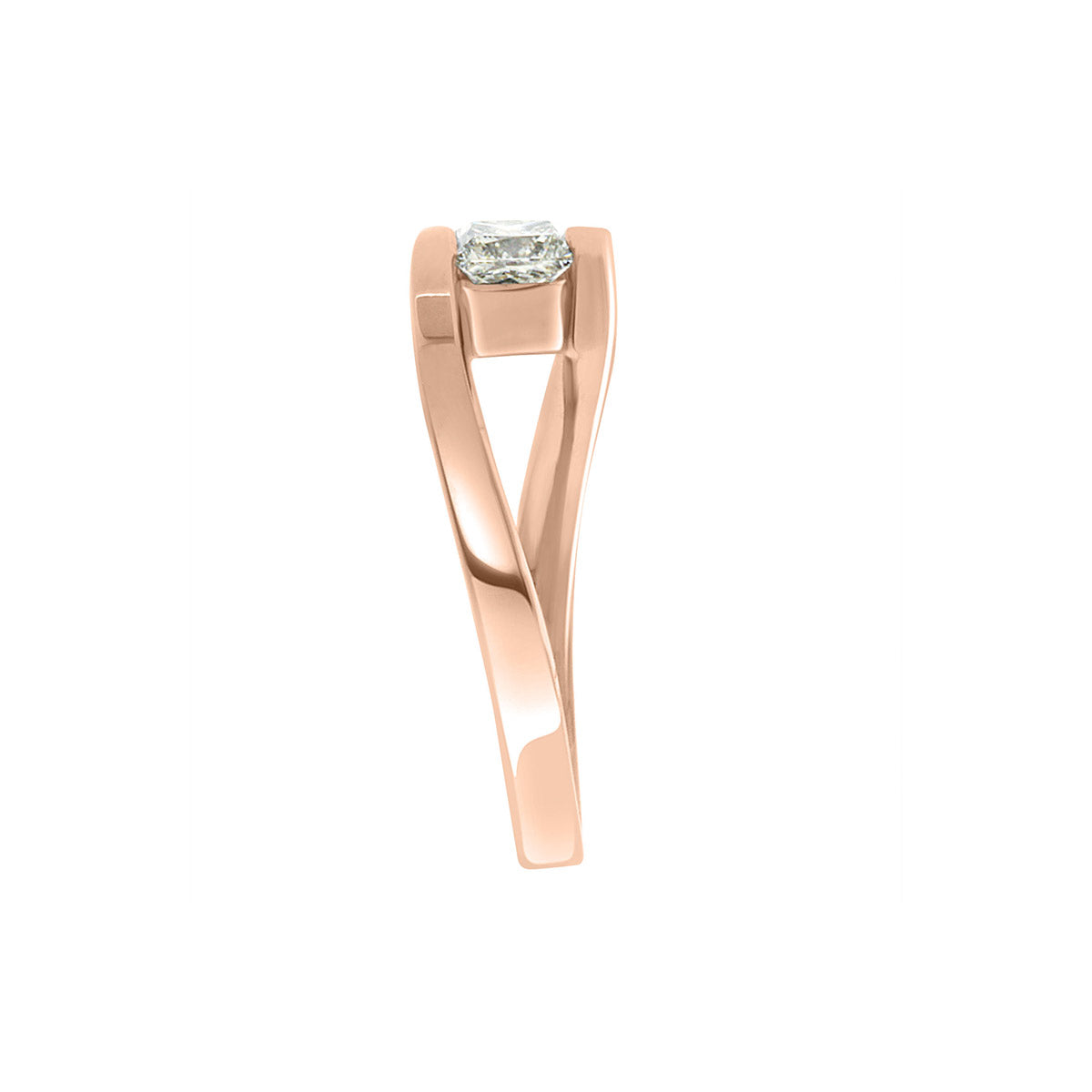Princess Solitaire Engagement Ring in a rose gold tension setting end view