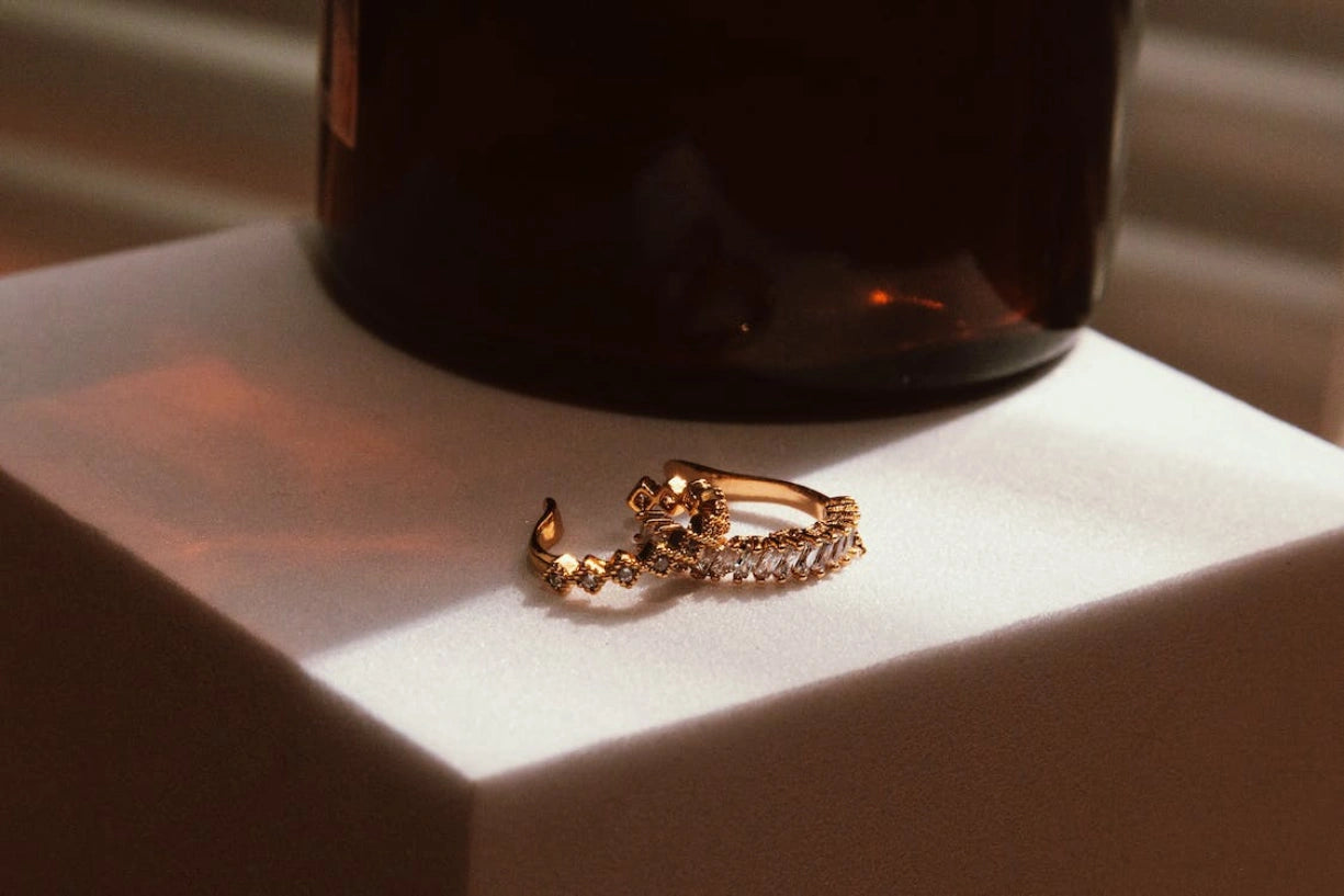 Gold wedding rings placed on a table