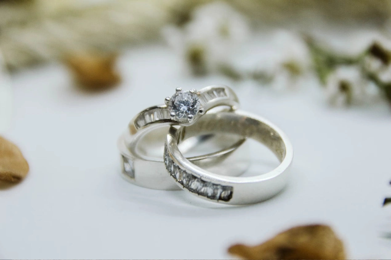 Silver Diamond engagement ring on white surface