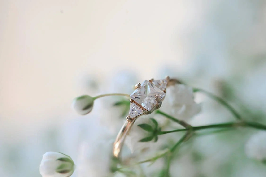 An ethereal engagement ring delicately adorns a branch of a white plant, symbolizing love in bloom