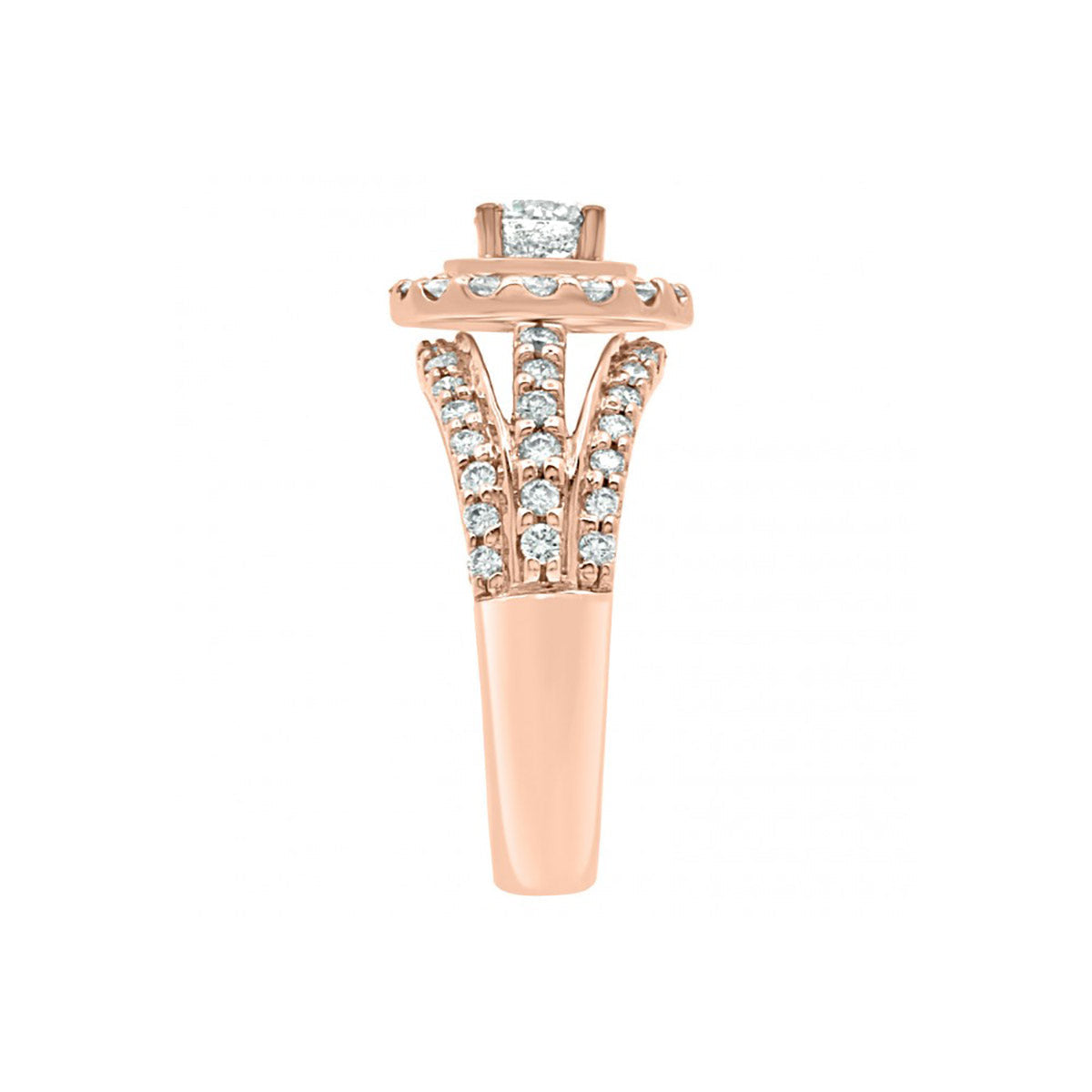 Three Band Engagement Ring in rose gold viewed from a side angle