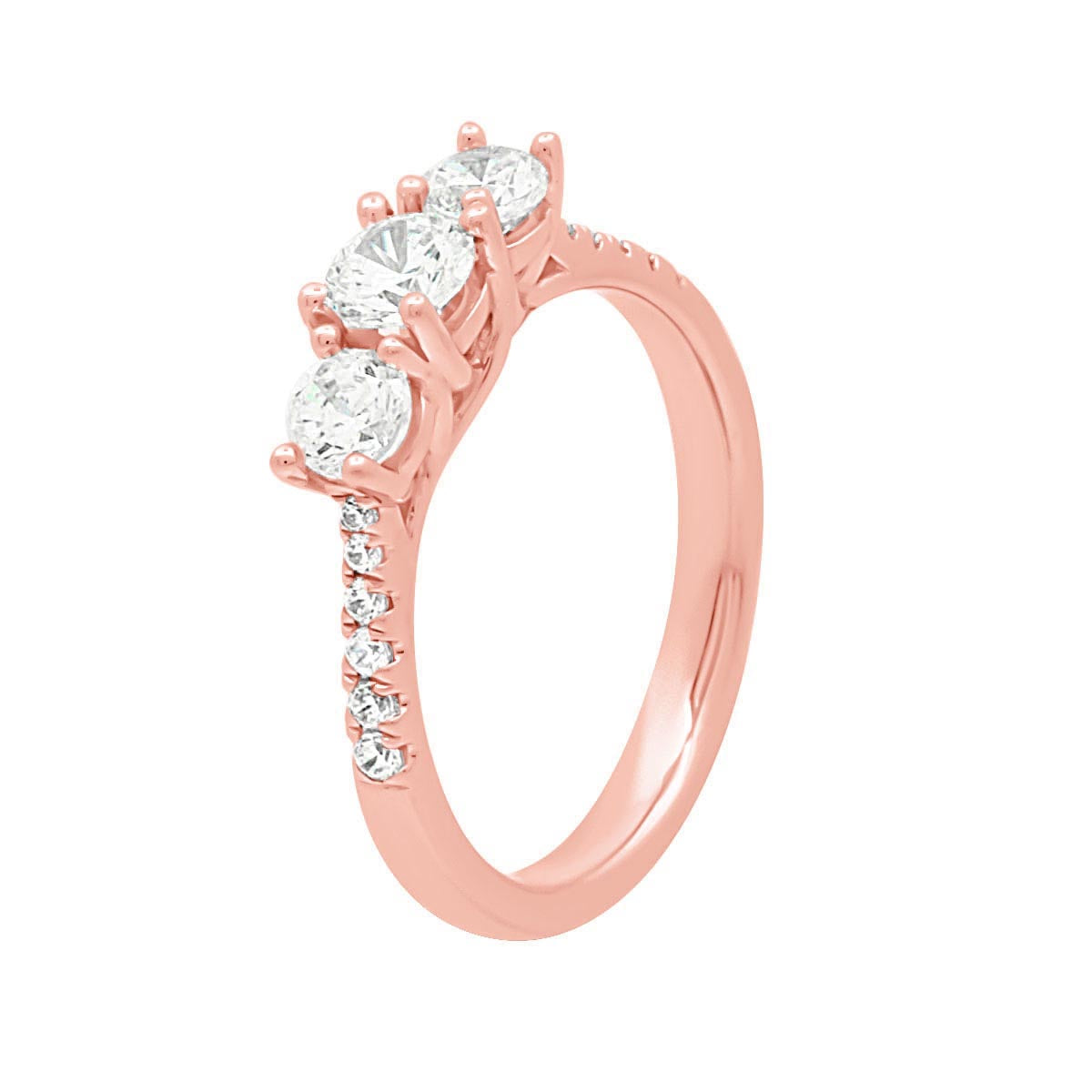 3 Stone Engagement Ring in rose gold in angled view