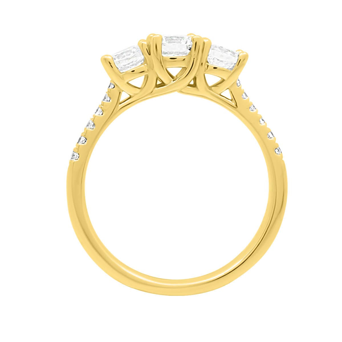 3 Stone Engagement Ring in yellow gold in upright position