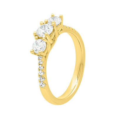 3 Stone Engagement Ring in yellow gold angled view