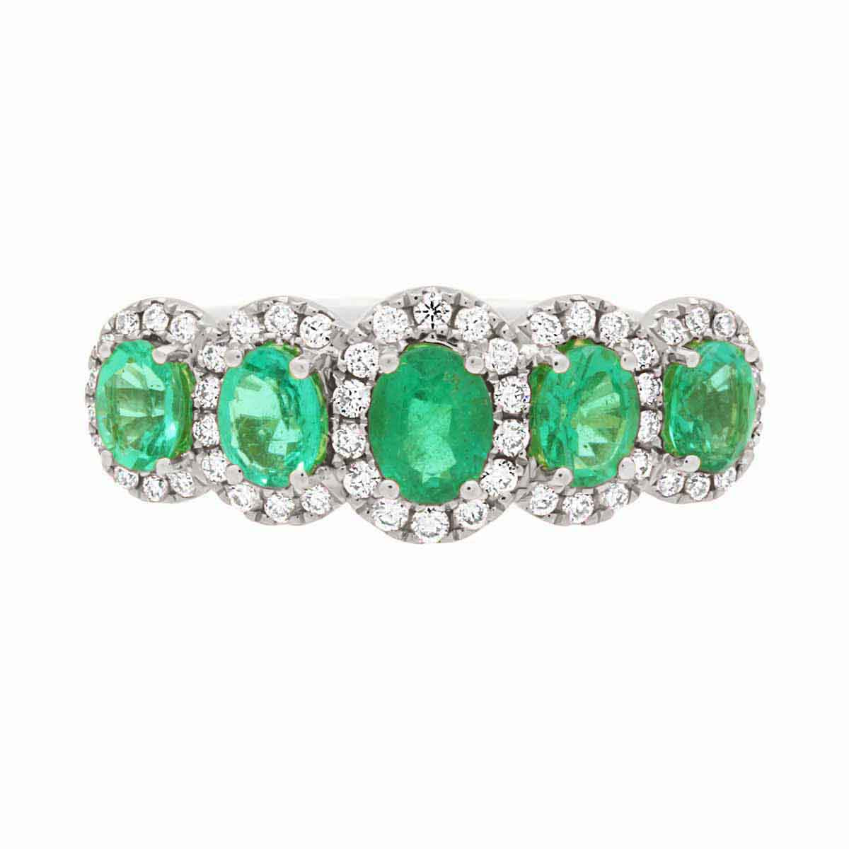 Five Stone Round Emerald And Diamond Halo Engagement Ring with White Gold Set Band - 'Camille'