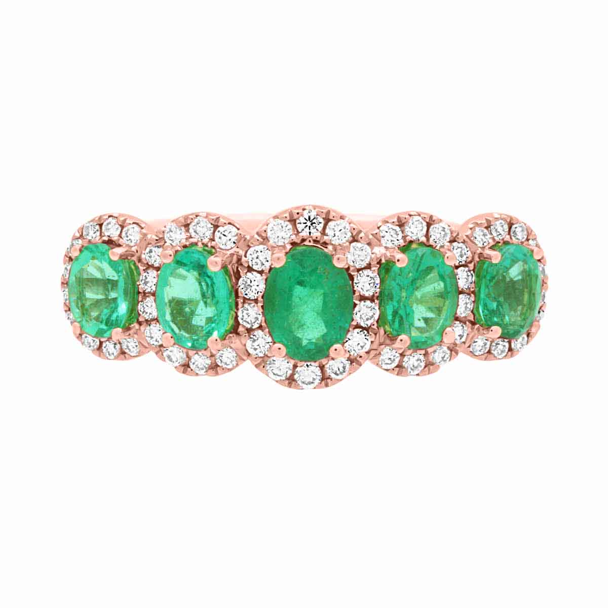 Five Stone Round Emerald And Diamond Halo Engagement Ring with Rose Gold Set Band - 'Camille'