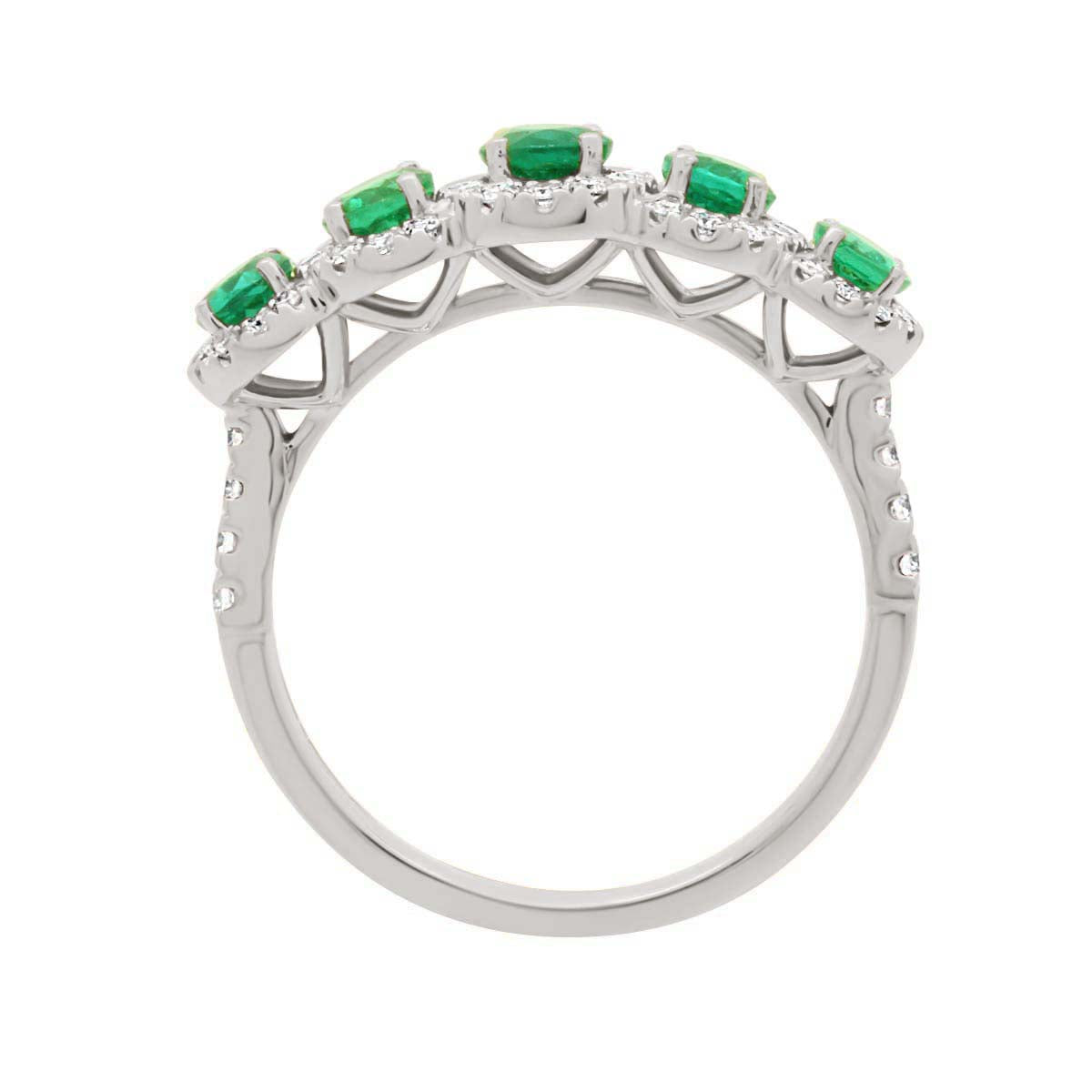 Five Stone Round Emerald And Diamond Halo Engagement Ring with White Gold Set Band - 'Camille'