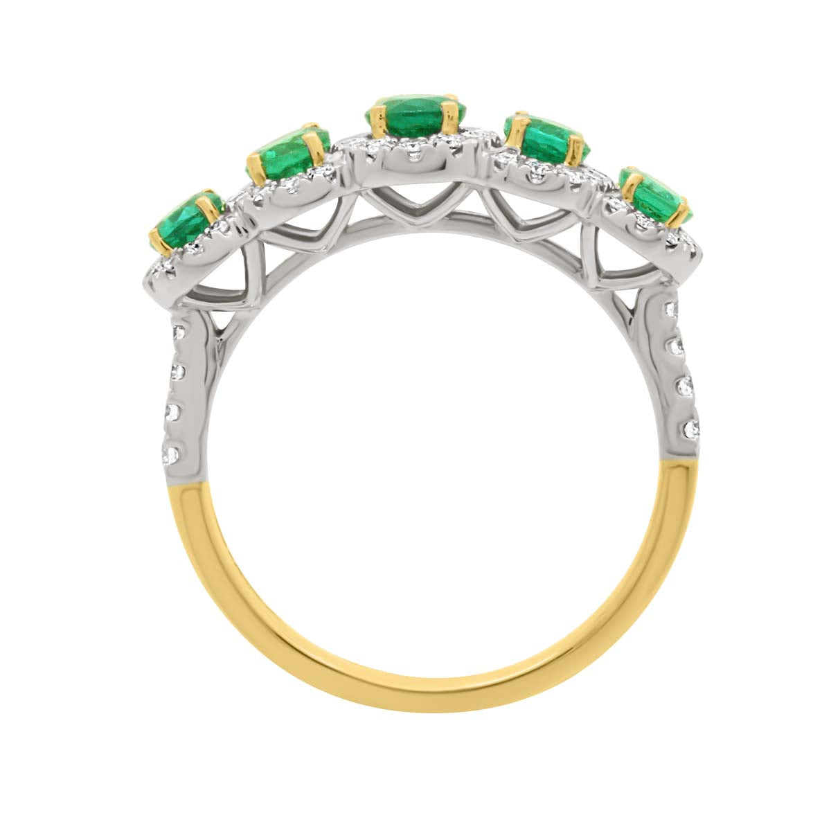 Five Stone Round Emerald And Diamond Halo Engagement Ring with Yellow Gold Set Band - 'Camille'