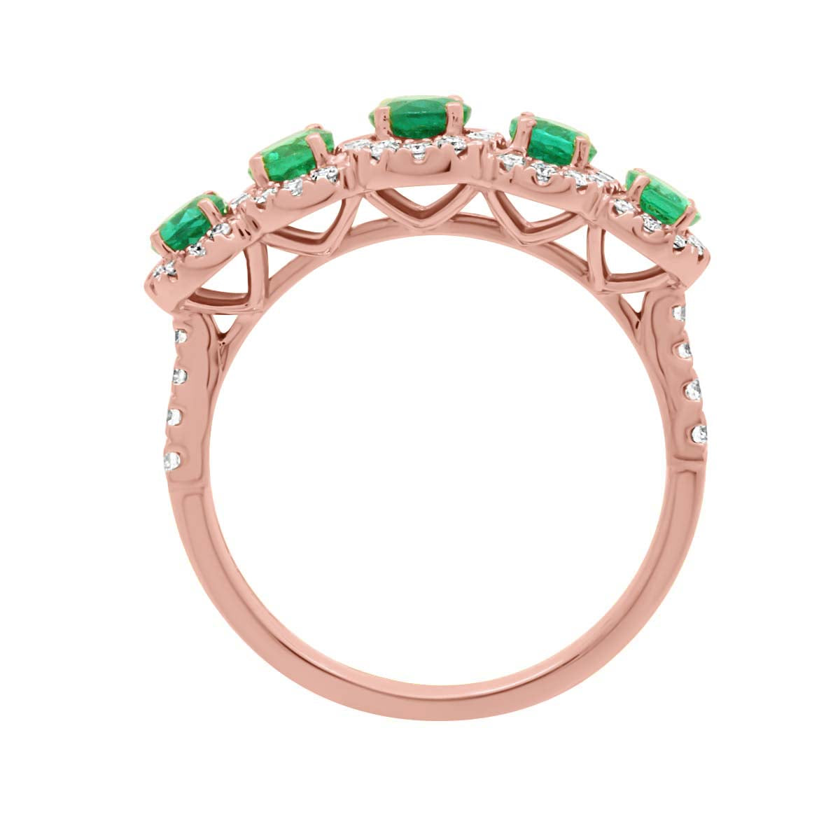 Five Stone Round Emerald And Diamond Halo Engagement Ring with Rose Gold Set Band - 'Camille'