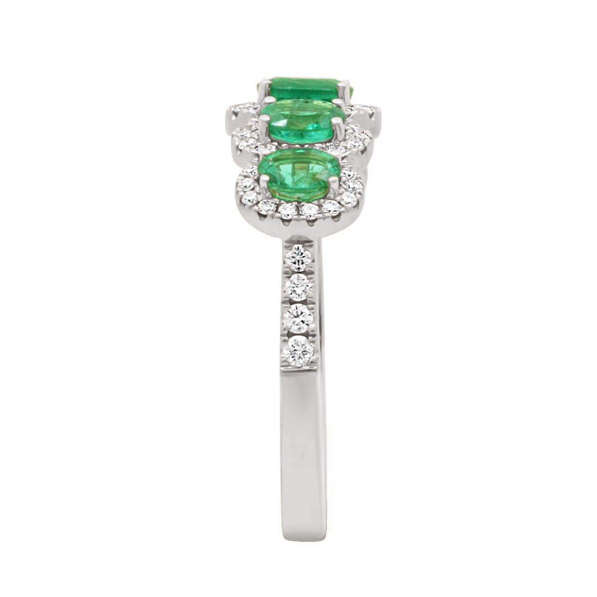 Five Stone Round Emerald And Diamond Halo Engagement Ring with White Gold Set Band - 'Camille'