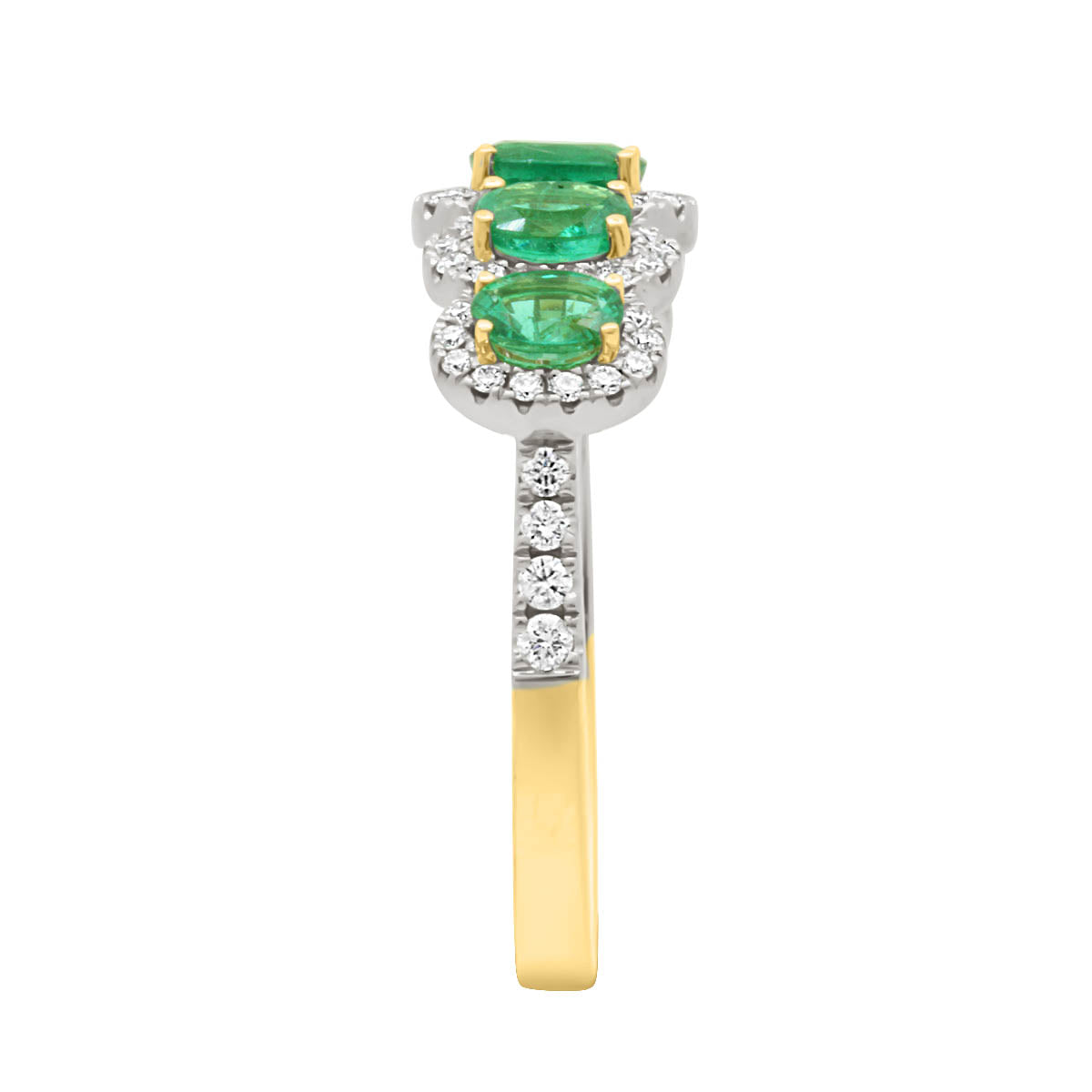 Five Stone Round Emerald And Diamond Halo Engagement Ring with Yellow Gold Set Band - 'Camille'