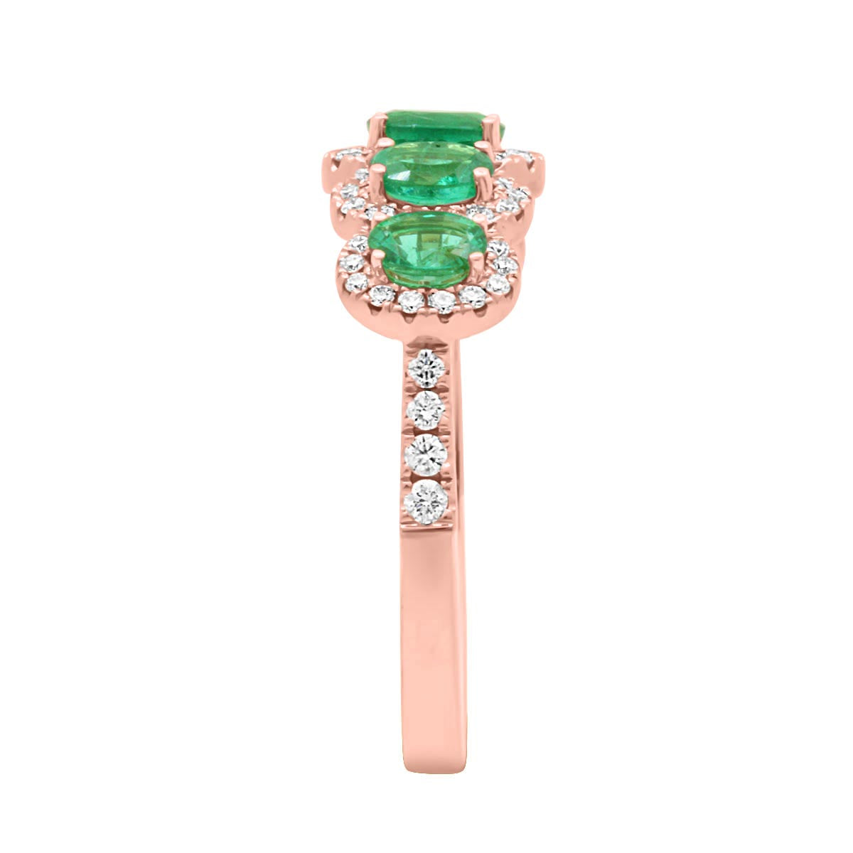 Five Stone Round Emerald And Diamond Halo Engagement Ring with Rose Gold Set Band - 'Camille'