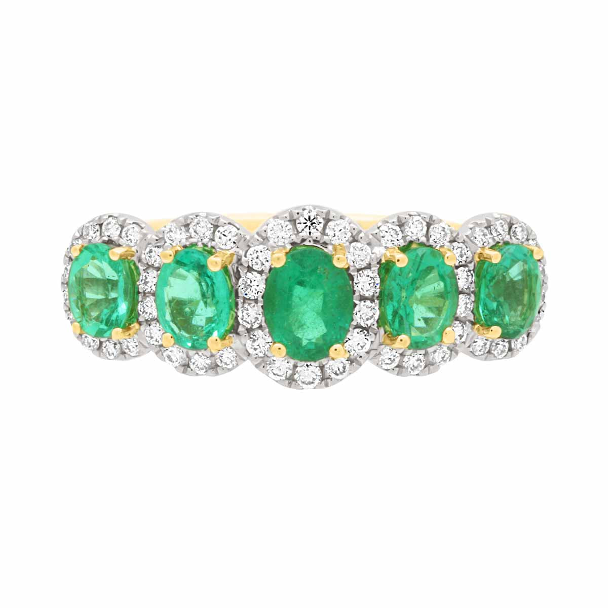 Five Stone Round Emerald And Diamond Halo Engagement Ring with Yellow Gold Set Band - 'Camille'