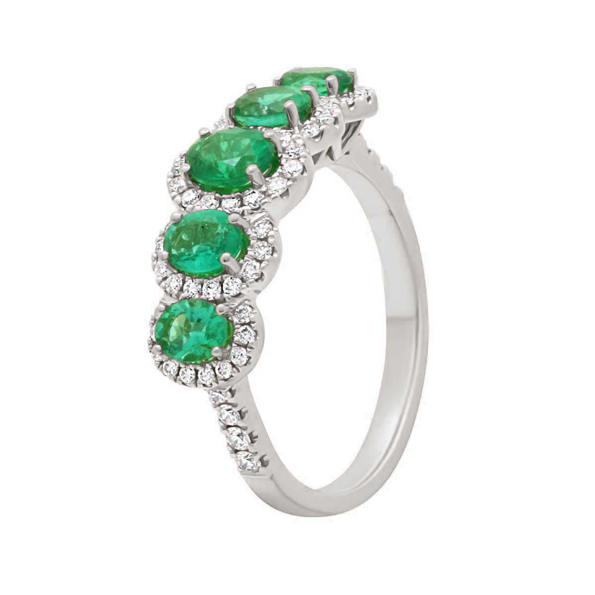 Five Stone Round Emerald And Diamond Halo Engagement Ring with White Gold Set Band - 'Camille'