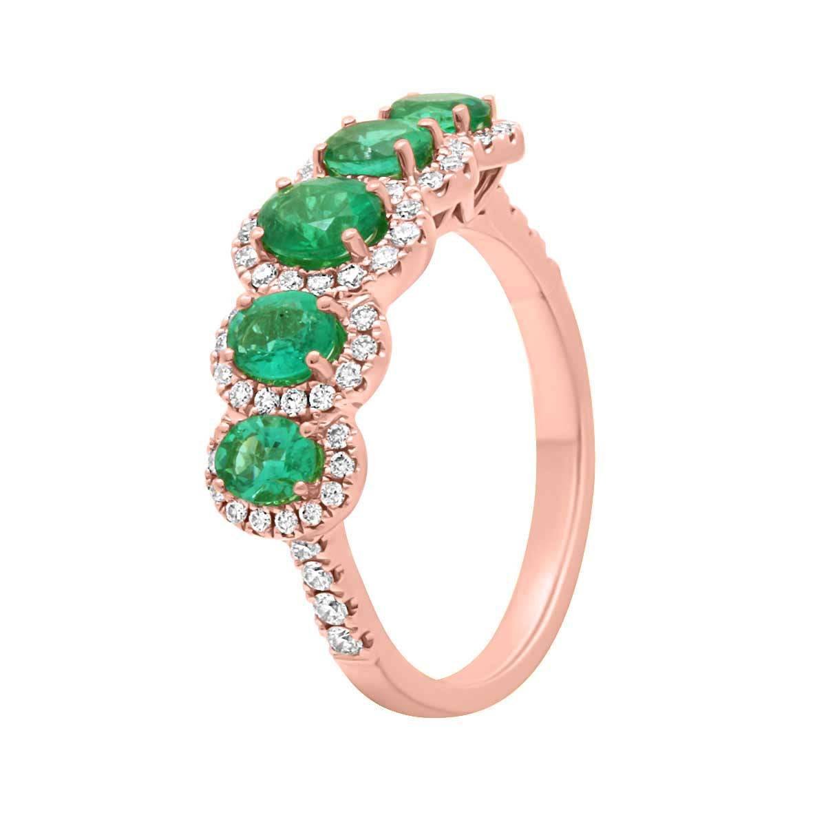 Five Stone Round Emerald And Diamond Halo Engagement Ring with Rose Gold Set Band - 'Camille'