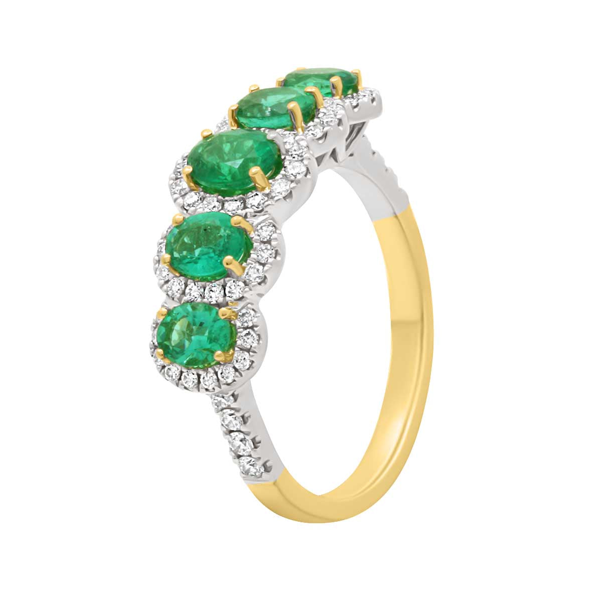 Five Stone Round Emerald And Diamond Halo Engagement Ring with Yellow Gold Set Band - 'Camille'