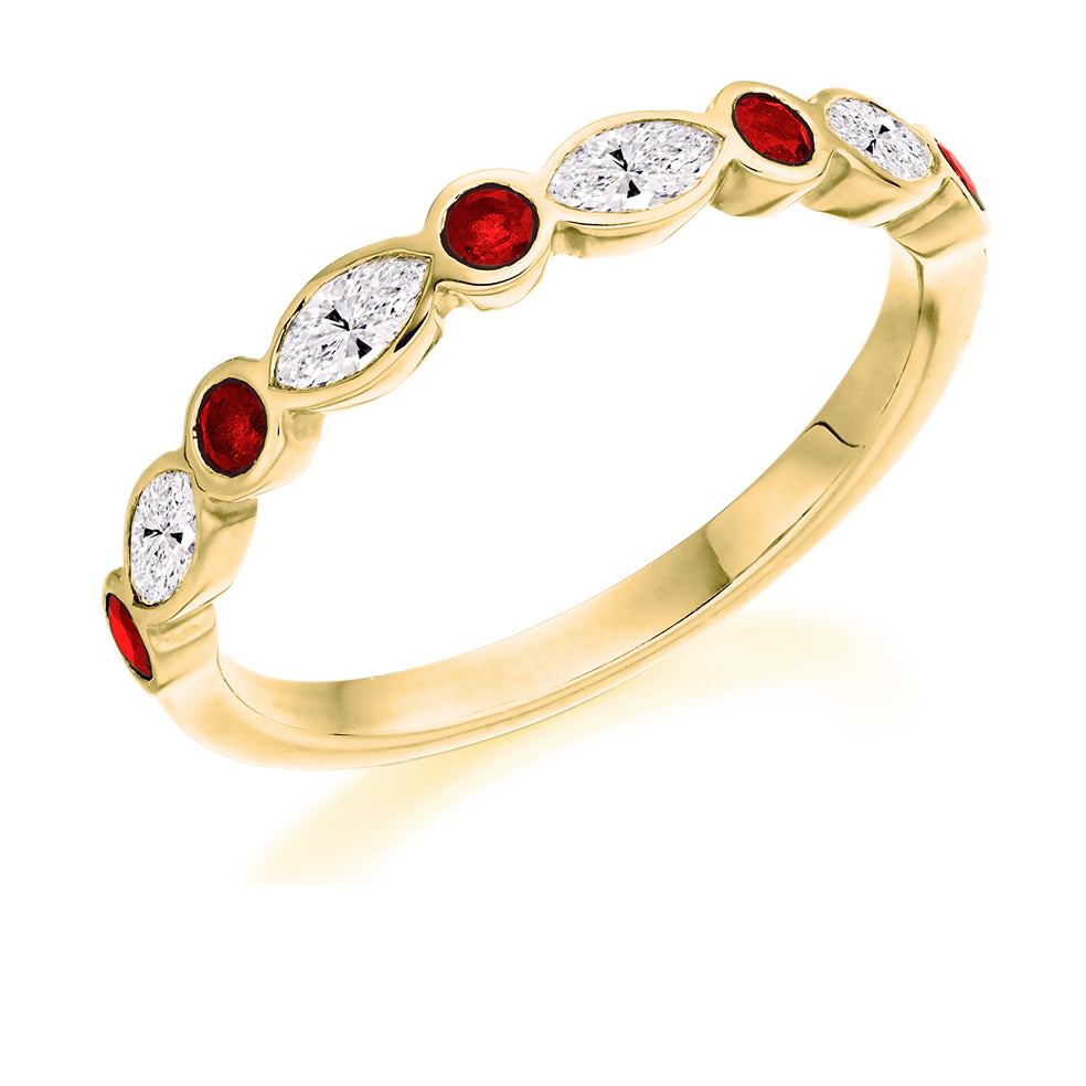 .62 Carat Marquise Ruby and Diamond Eternity Ring in yellow gold