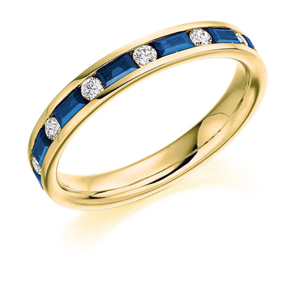 .83 Carat Blue Sapphire Baguette and Diamond Eternity Ring in yellow gold