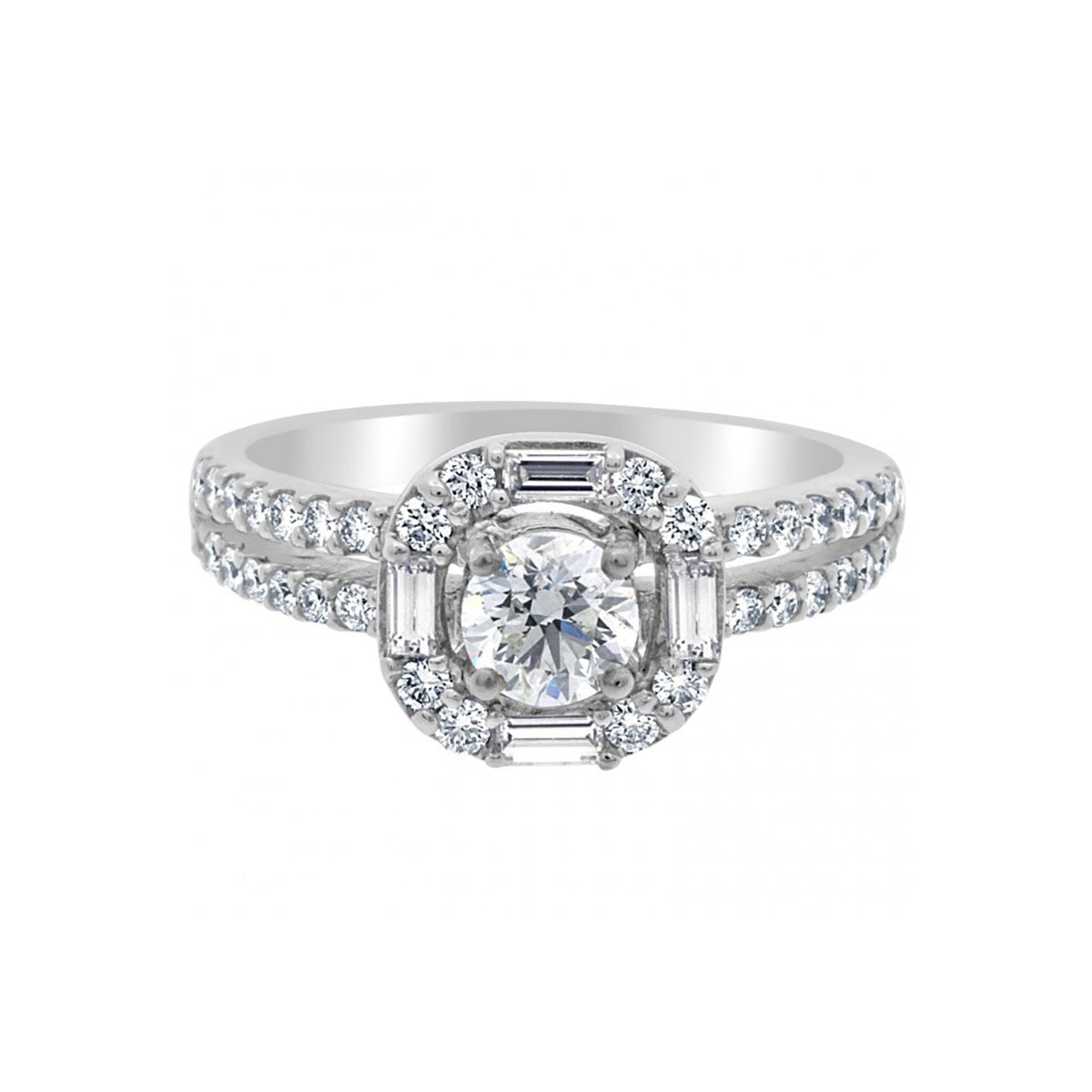 Baguette and Round Diamond Engagement Ring in white gold