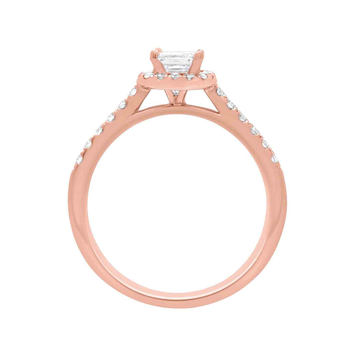 Asscher Halo Diamond Ring in rose gold pictured standing upright