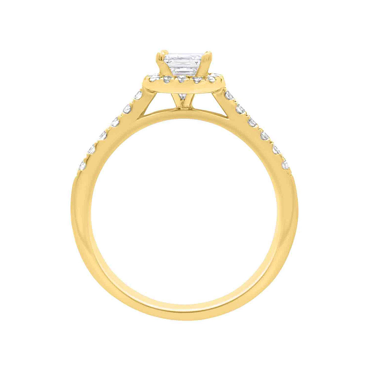 Asscher Halo Diamond Ring in yellow gold pictured upstanding