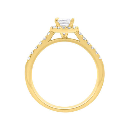 Asscher Halo Diamond Ring in yellow gold pictured upstanding
