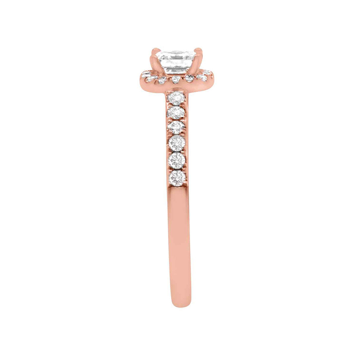 Asscher Halo Diamond Ring in rose gold pictured from a sideview