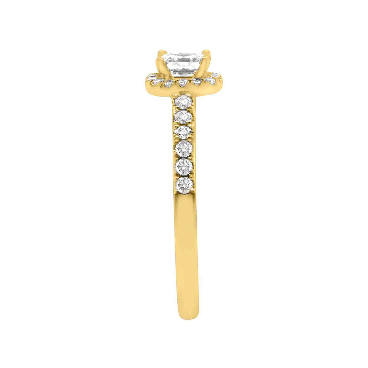 Asscher Halo Diamond Ring in yellow gold from a side view angle