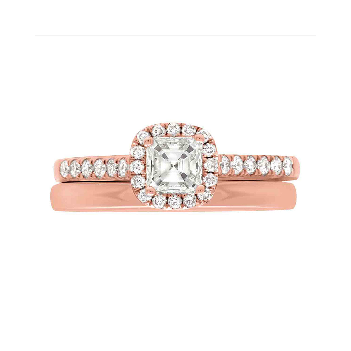 Asscher Halo Diamond Ring in rose gold with a matching rose gold wedding ring