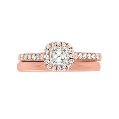 Asscher Halo Diamond Ring in rose gold with a matching rose gold wedding ring
