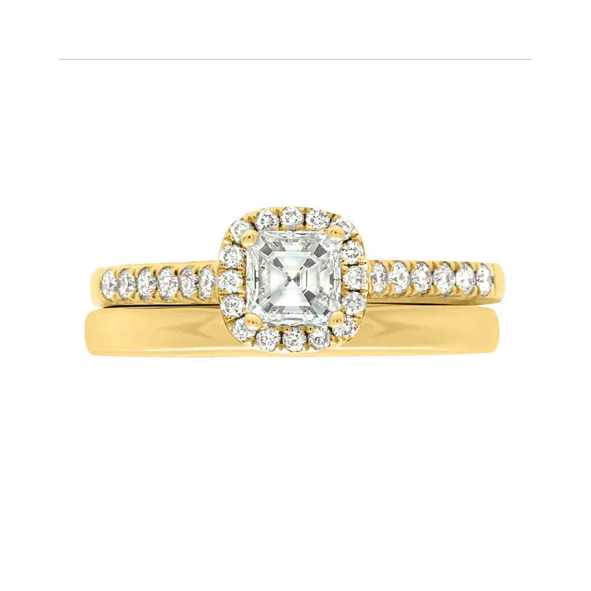 Asscher Halo Diamond Ring in yellow gold with a yellow gold wedding band