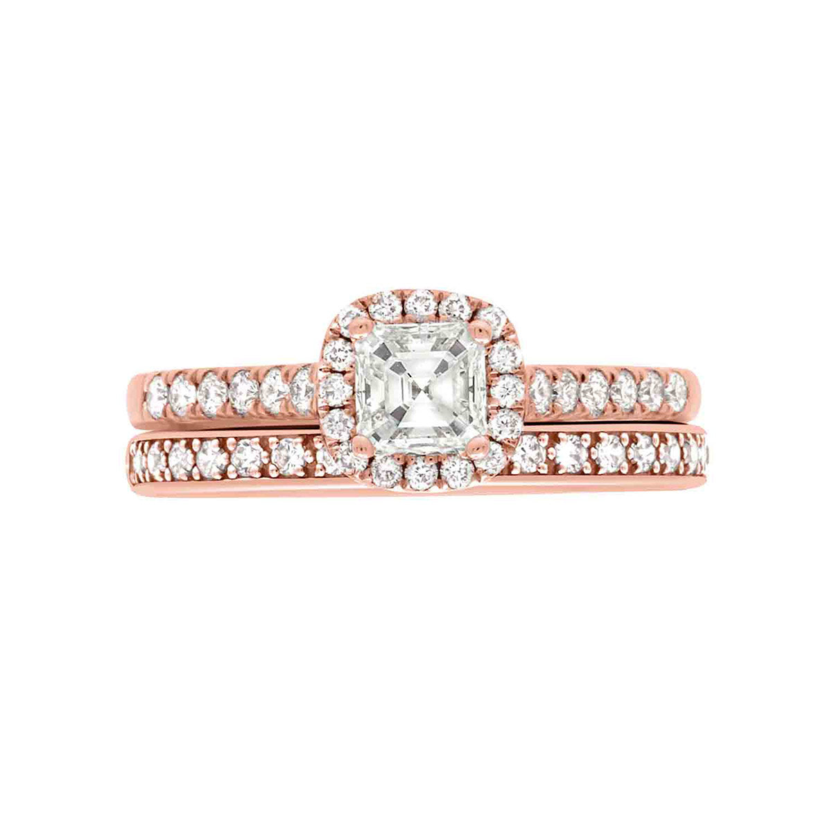 Asscher Halo Diamond Ring in rose gold with a matching rose gold and diamond wedding band