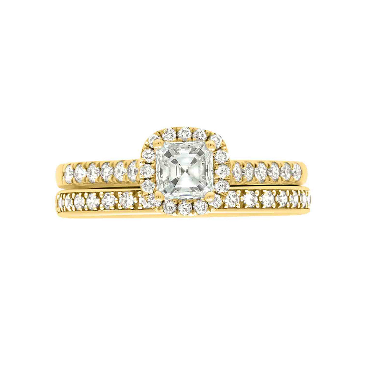 Asscher Halo Diamond Ring in yellow gold with a diamond set wedding band