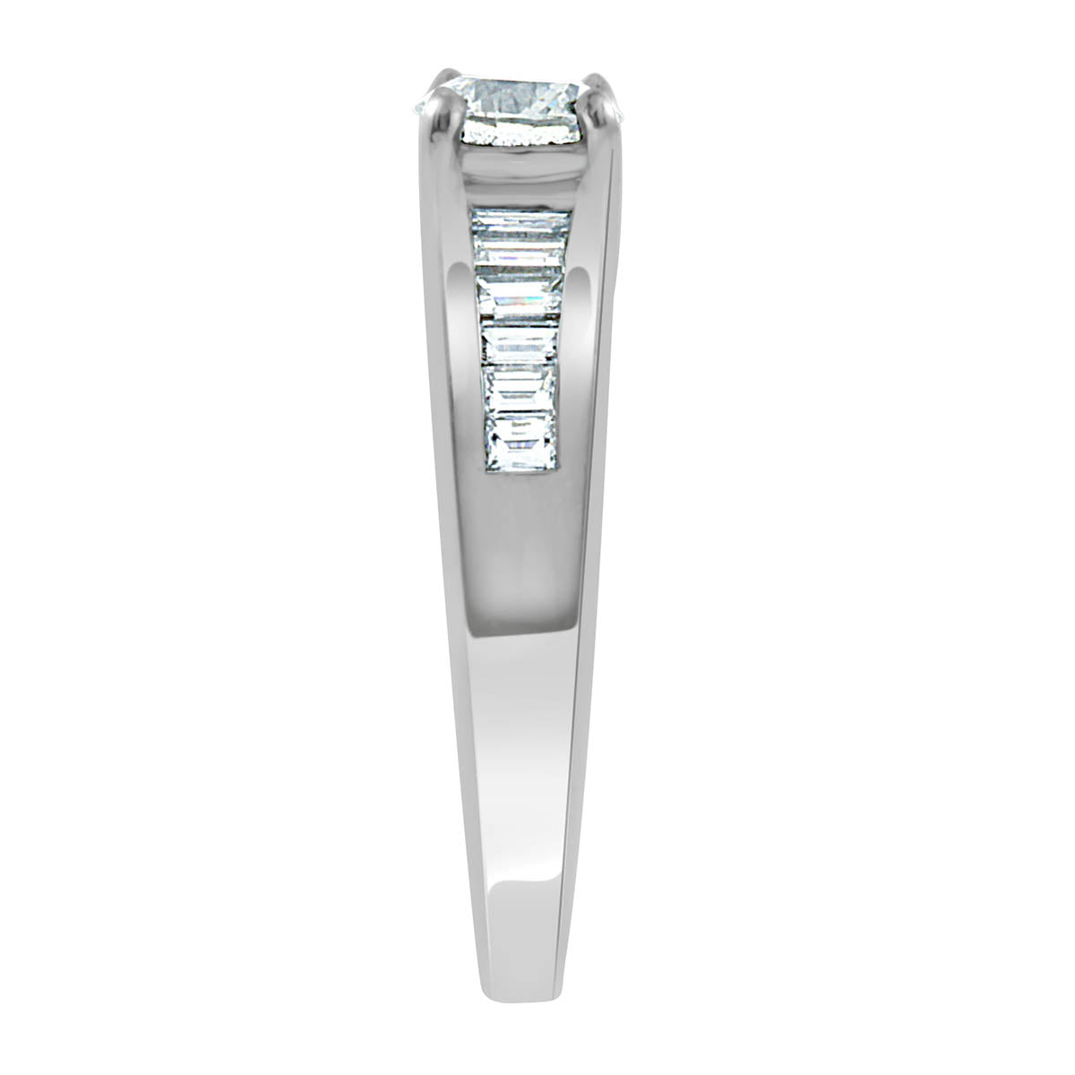 Baguette Diamond Ring made from white gold pictured vertical from an end view