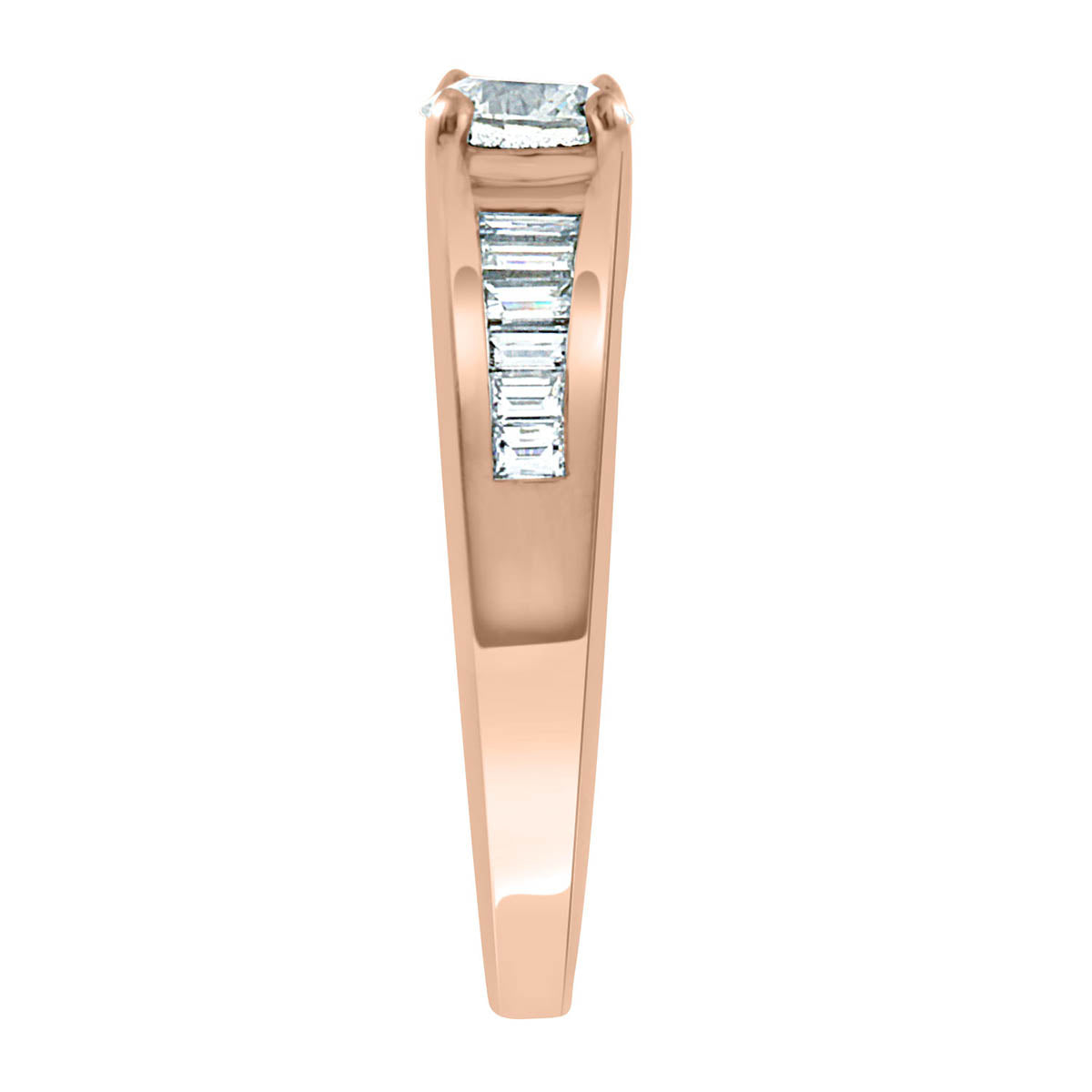 Baguette Diamond Ring made from rose gold upright and from a side view