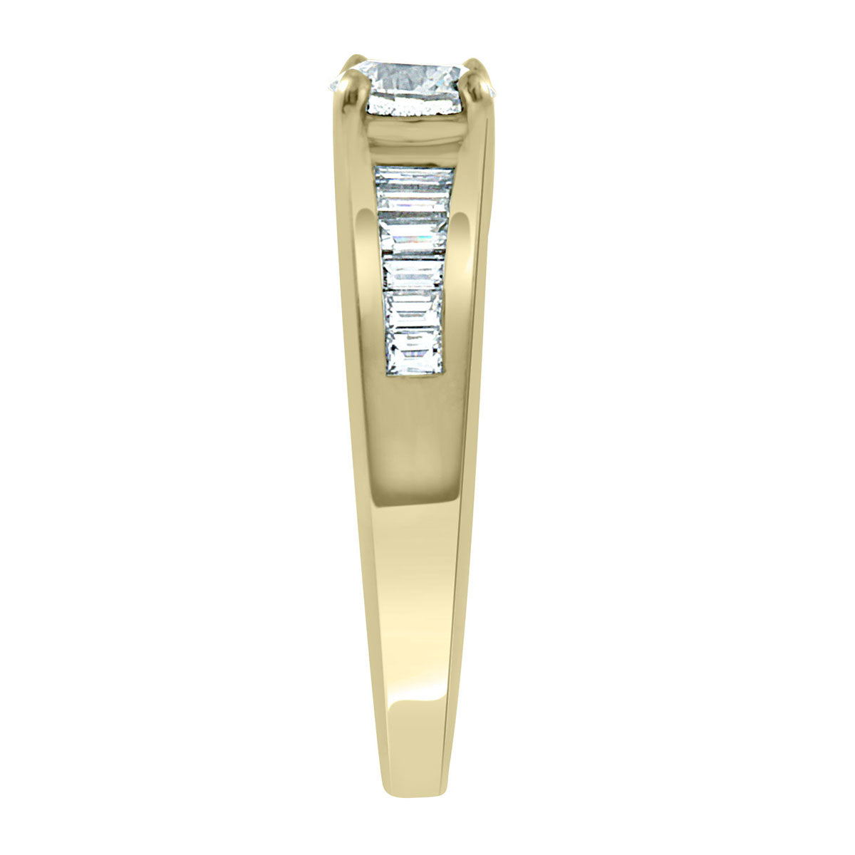 Baguette Diamond Ring made from Yellow gold upright from a side view