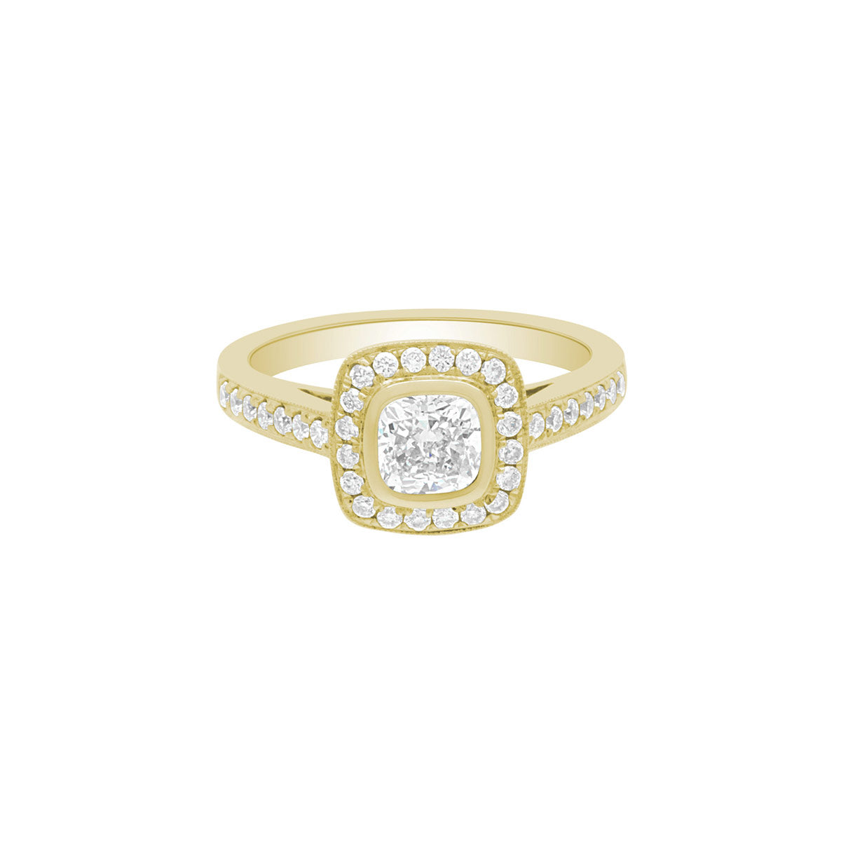 Bezel Set Cushion Cut Engagement Ring in yellow gold