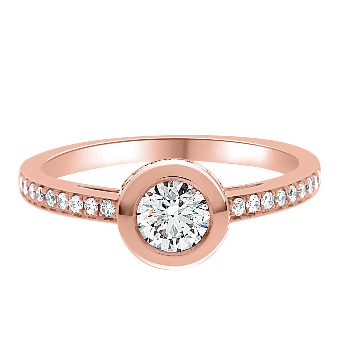 Bezel Engagement Ring made of Red gold and diamonds, laying flat, with a white background