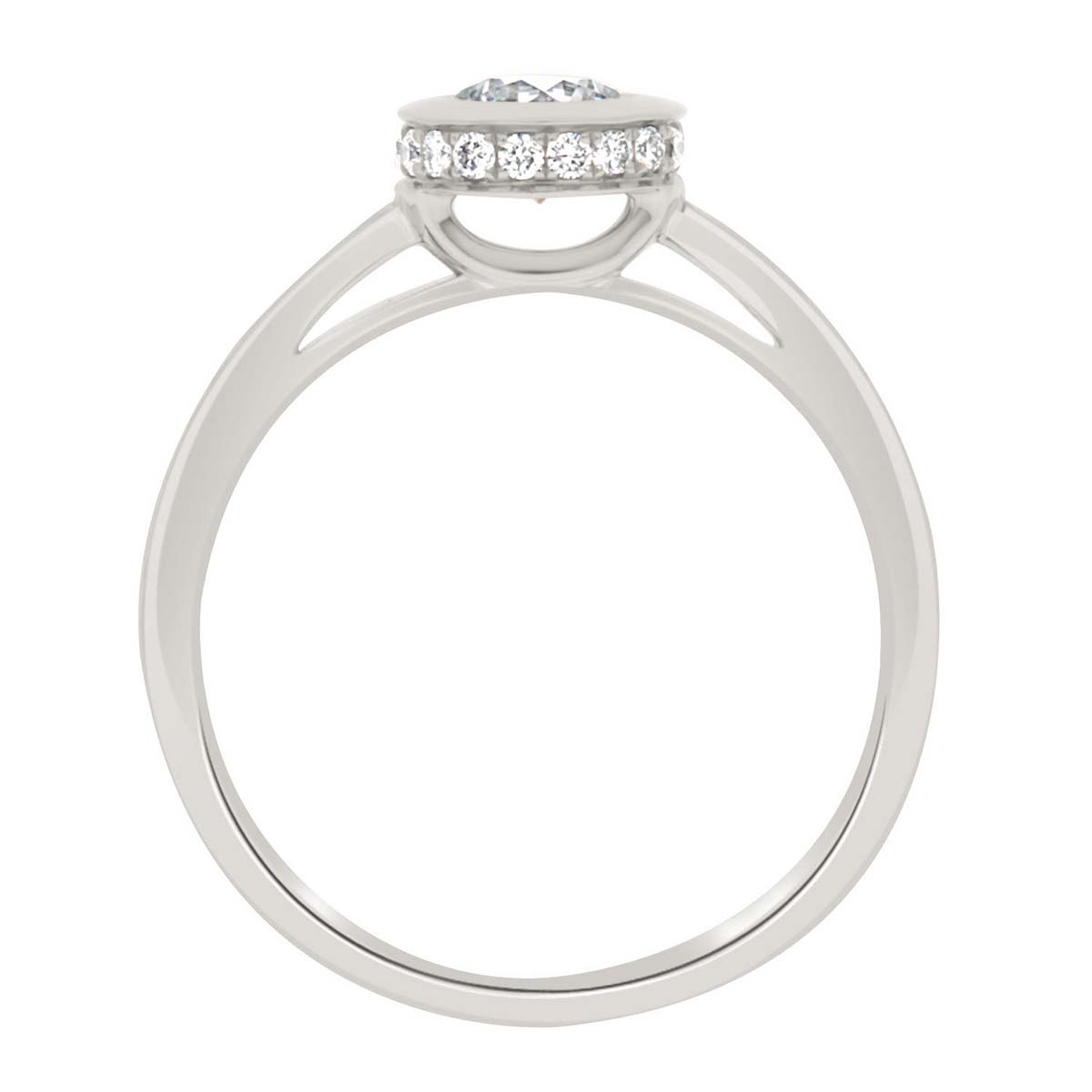 Bezel Engagement Ring made of white gold and diamonds in a vertical position