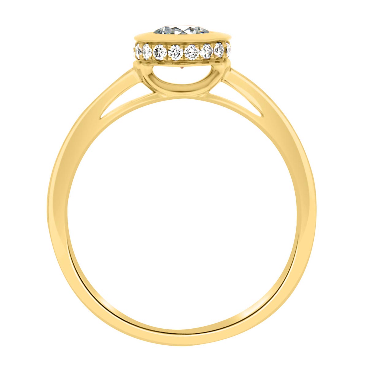 Bezel Engagement Ring made of yellow gold and diamonds, in a verticle position, against a white backgrount